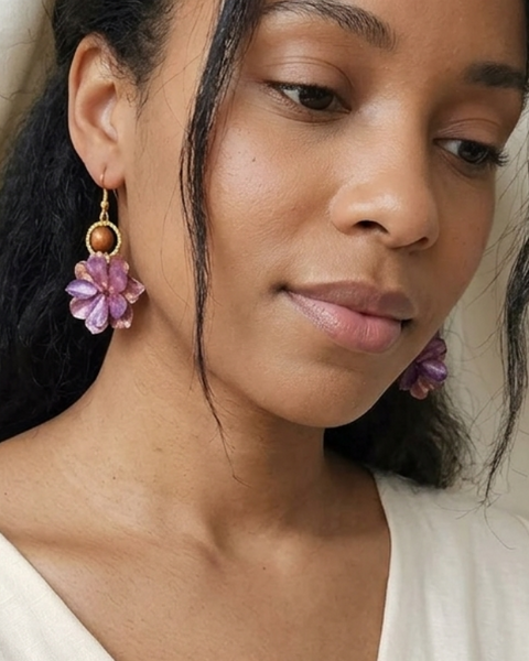 Violet Bloom Epoxy Resin Earrings with Wood Beads
