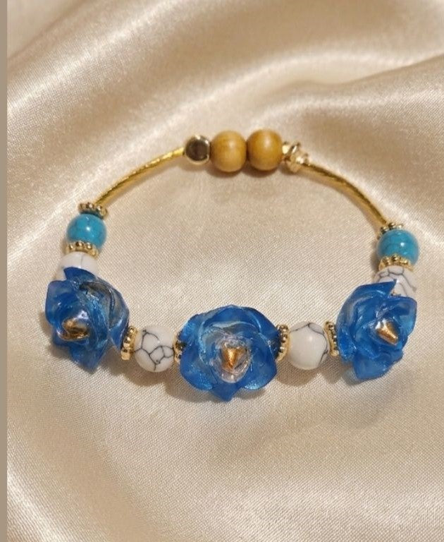 Ocean Harmony Bracelet – Blue Resin with Gold, Stone and Wood Accents