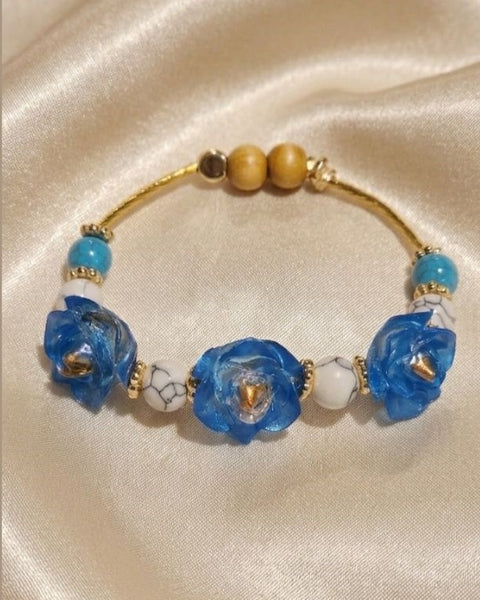 Ocean Harmony Bracelet – Blue Resin with Gold, Stone and Wood Accents