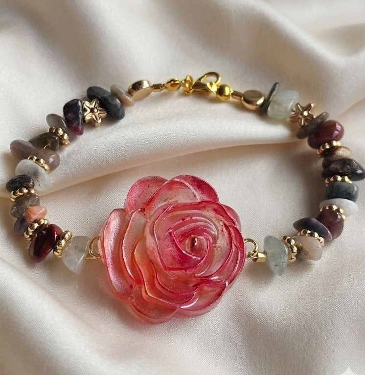 Everlasting Bloom" Statement Bracelet – Shimmering Rose & Earthy Gemstones