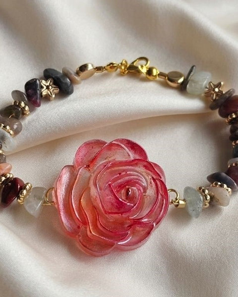 Everlasting Bloom" Statement Bracelet – Shimmering Rose & Earthy Gemstones