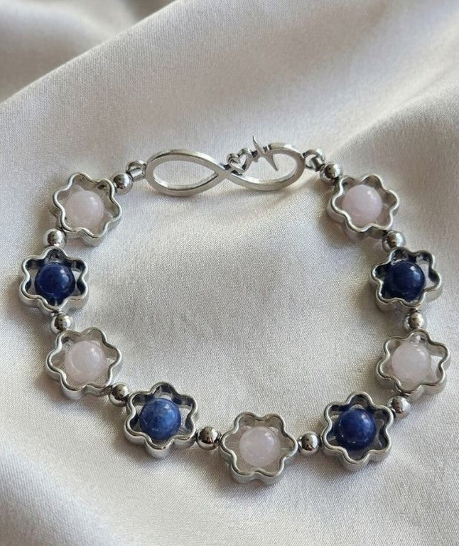 "Eternal Harmony" Bracelet – Rose Quartz & Sodalite in Silver Bloom