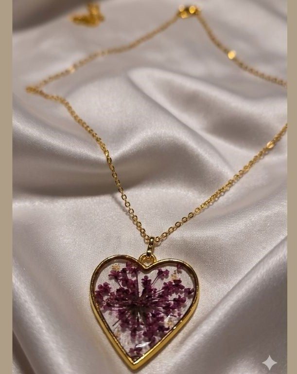 Preserved Lilac Flower in Gold Heart Necklace