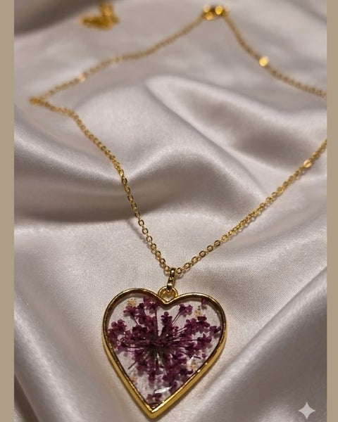 Preserved Lilac Flower in Gold Heart Necklace