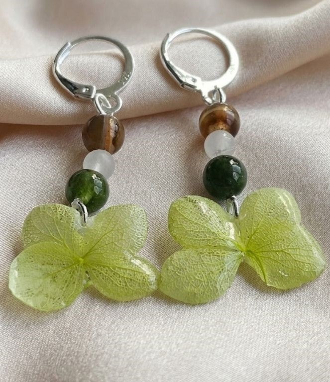 Spring Meadow Earrings – Preserved Green Flower & Natural Stone Beads