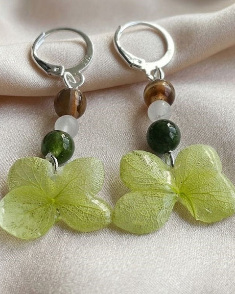 Spring Meadow Earrings – Preserved Green Flower & Natural Stone Beads