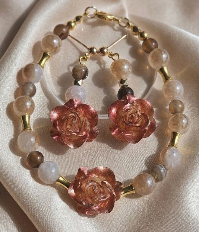 Champagne Blush Rose Elegance Set – Resin Blooms & Natural Agate