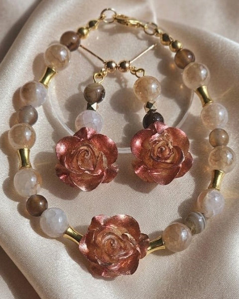 Champagne Blush Rose Elegance Set – Resin Blooms & Natural Agate