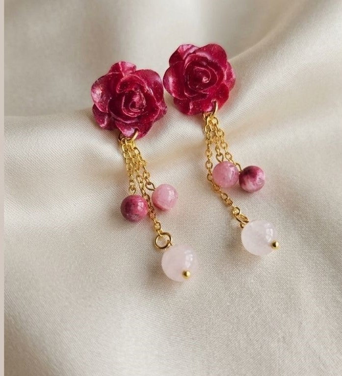 Deep Cherry Red Bloom Earrings - Resin and Natural Stone Elegance