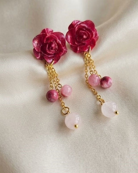 Deep Cherry Red Bloom Earrings - Resin and Natural Stone Elegance