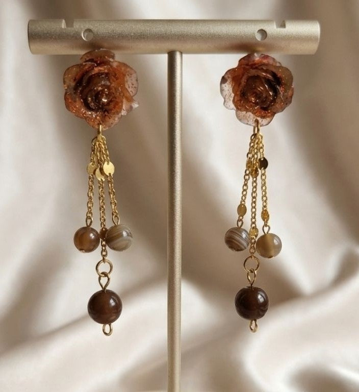 Brown Bloom Earrings - Resin and Natural Stone Elegance