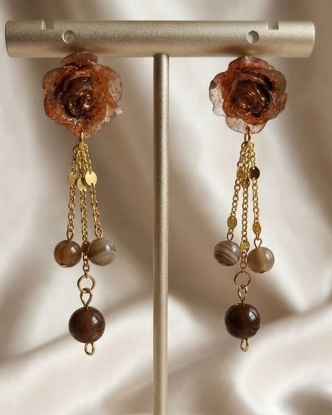 Brown Bloom Earrings - Resin and Natural Stone Elegance