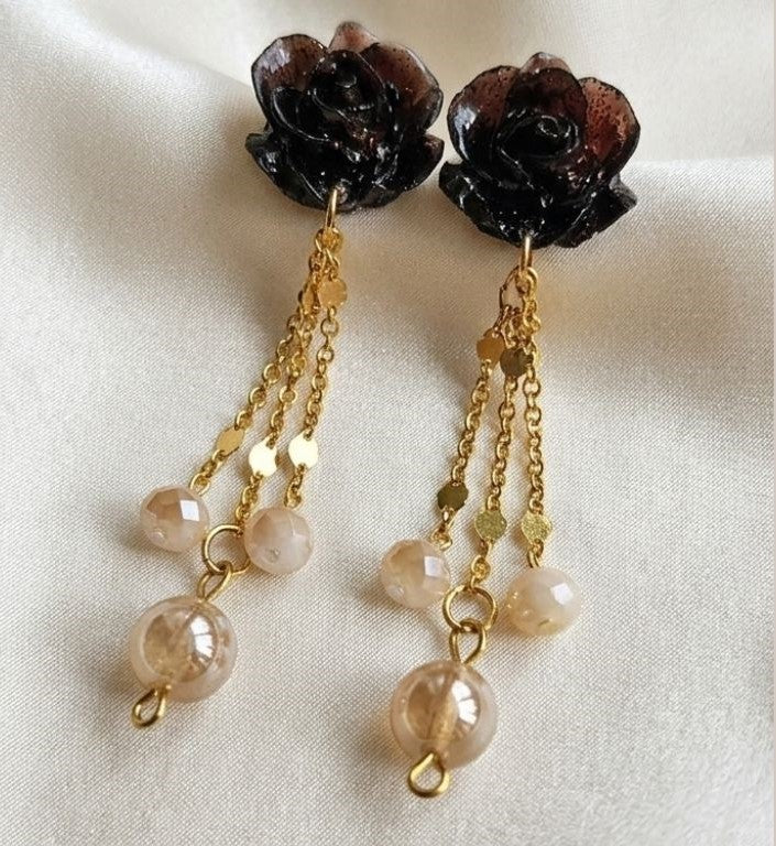 Black Bloom Earrings - Resin & Natural Stone Elegance