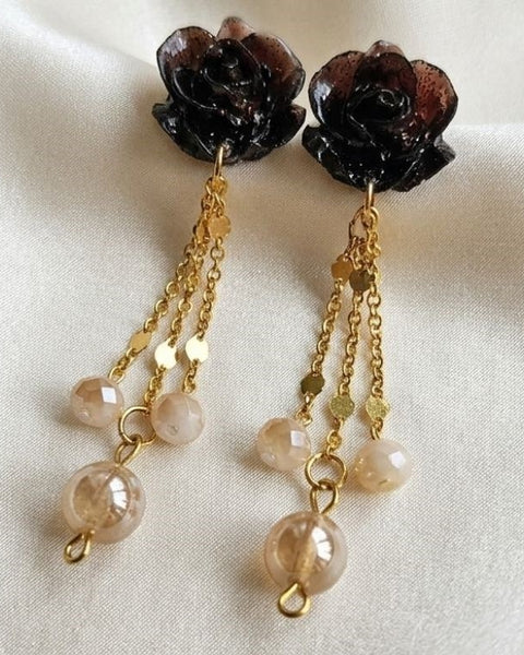 Black Bloom Earrings - Resin & Natural Stone Elegance