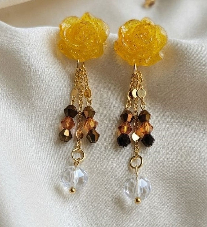 Yellow Bloom Earrings - Resin and Sparkling Glass Elegance