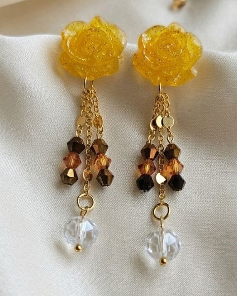 Yellow Bloom Earrings - Resin and Sparkling Glass Elegance