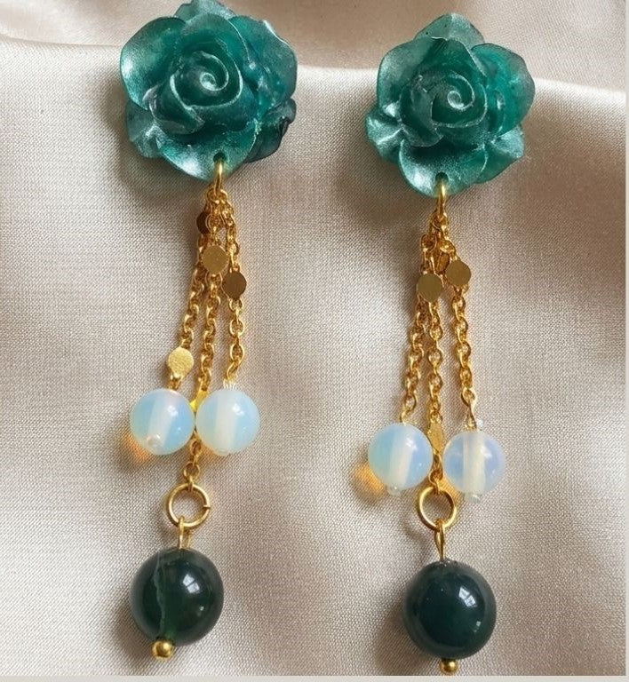 Aquamarine Bloom Earrings – Elegant Teal Resin with Natural Stone Accents