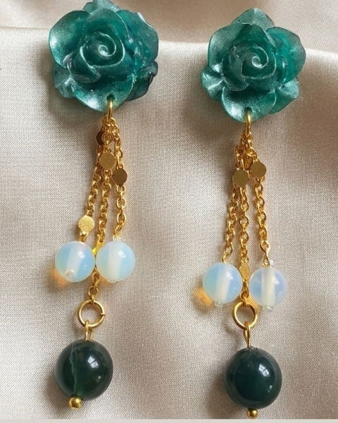 Aquamarine Bloom Earrings – Elegant Teal Resin with Natural Stone Accents