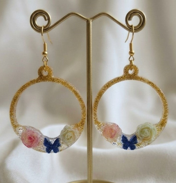 Golden Butterfly Rose Hoop Earrings