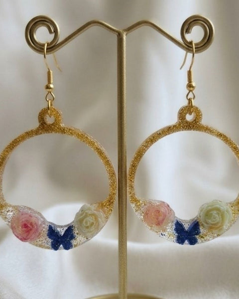 Golden Butterfly Rose Hoop Earrings
