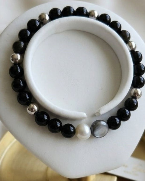Black Obsidian & Natural Pearl Bracelet – Strength, Protection & Balance