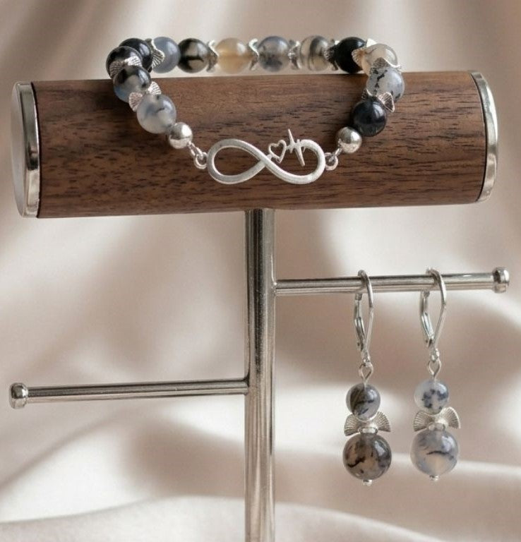 Midnight Dragon Agate Earrings&Bracelet Set