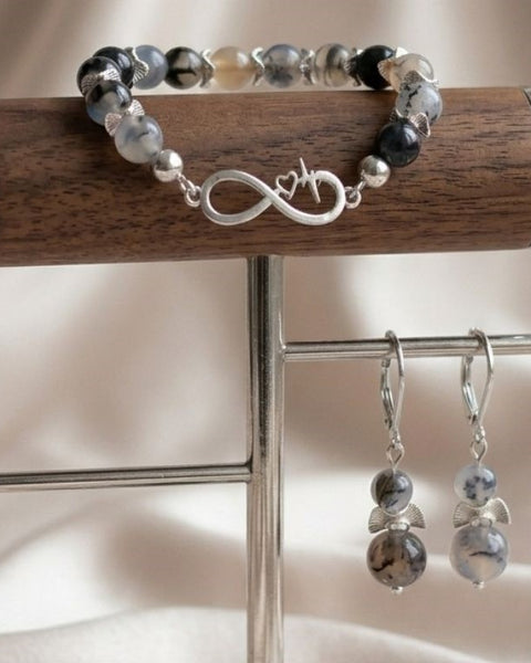 Midnight Dragon Agate Earrings&Bracelet Set