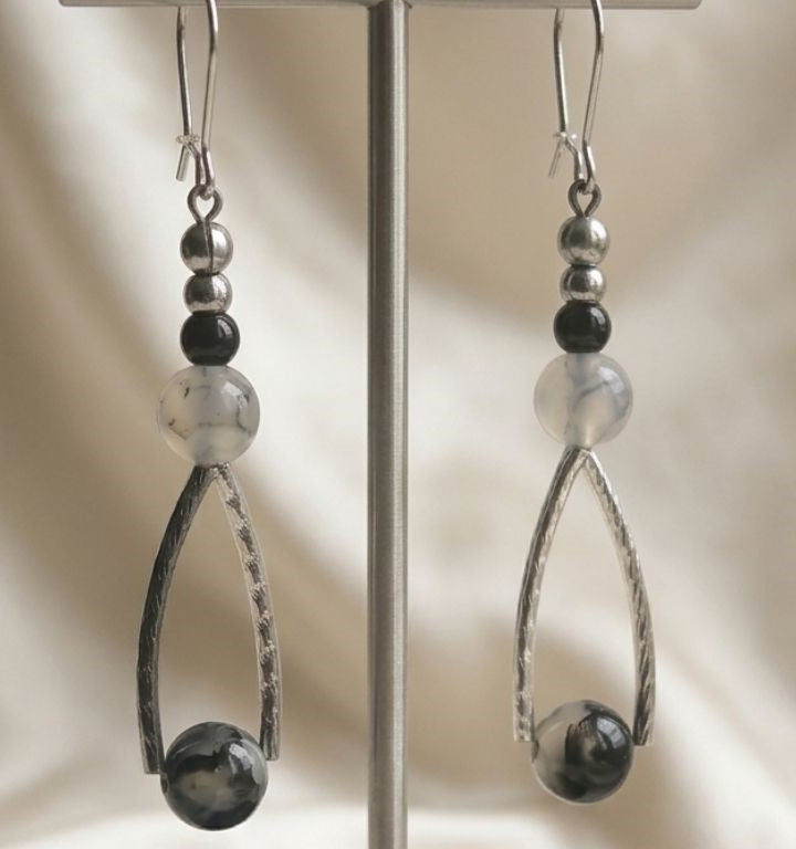 Midnight Dragon Agate – Silver-Tone Statement Earrings