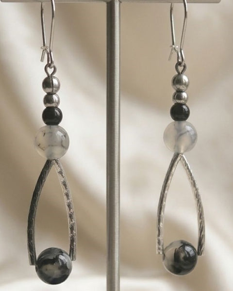 Midnight Dragon Agate – Silver-Tone Statement Earrings