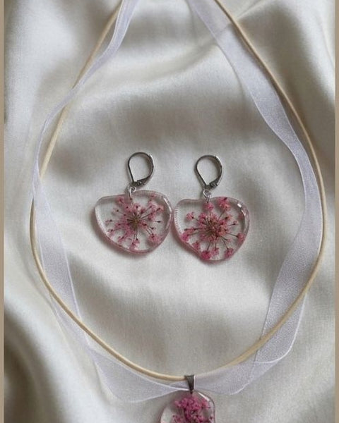 Blush Pink Bloom Resin Jewelry Set - Necklace and Earring with Preserved Real Flowers