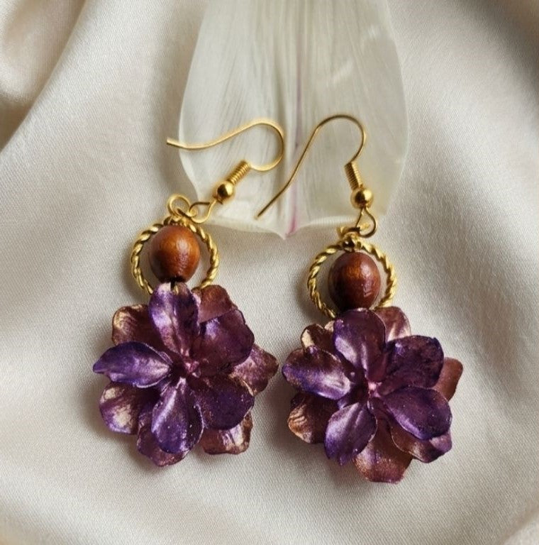 Violet Bloom Epoxy Resin Earrings with Wood Beads