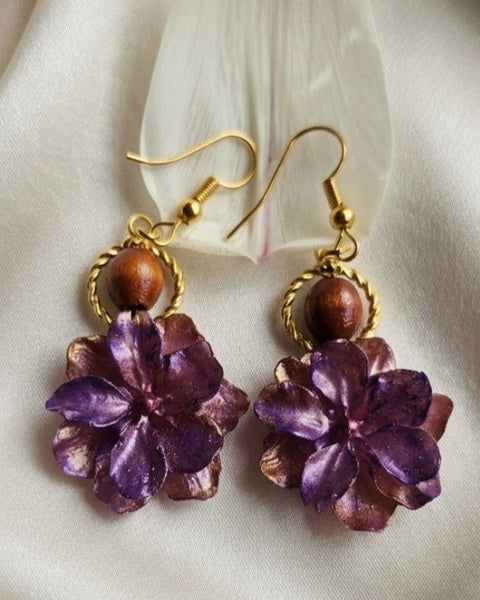 Violet Bloom Epoxy Resin Earrings with Wood Beads