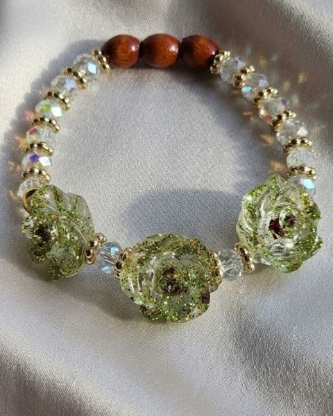 Rose Resin Bracelet with Gold-Plated & Crystal Beads